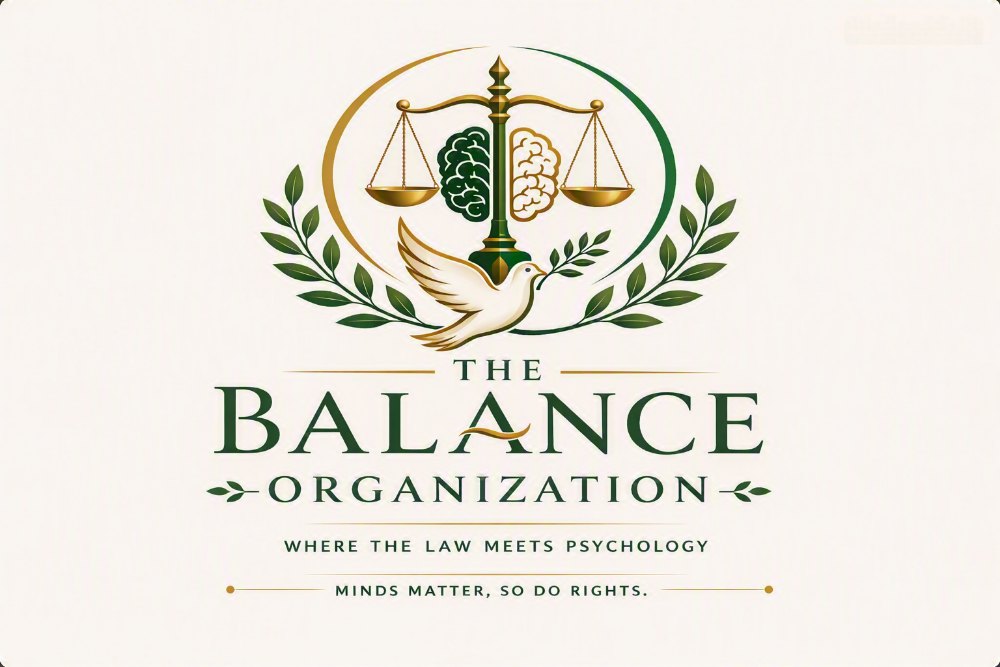 The Balance Organization logo: scales of justice holding a brain, a dove with an olive branch, and a laurel wreath
