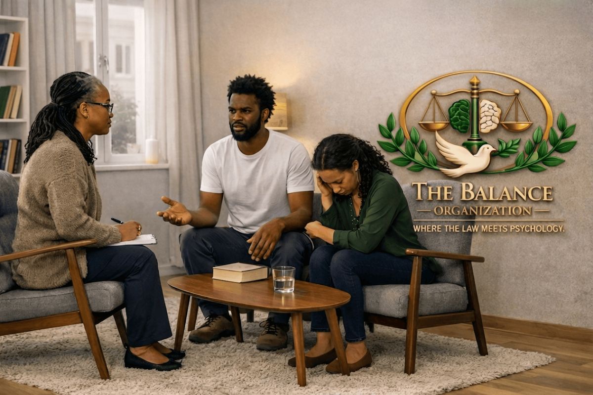 A counsellor listening to a couple in a calm sitting room
